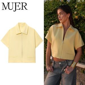 Zara Yellow Zip-Front Cropped Shirt